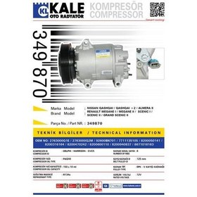 Resim KALE 349870 KLİMA KOMPRESÖRÜ MGN II-SCENIC II 1.4-1.6-1.5 DCI 03= 