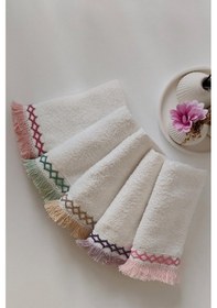 Resim 5'li Püskül Dantelli Mutfak Havlusu Seti -40x60 Cm Kurulama Havlusu Takımı- %100 Pamuk Ekru Ekru 