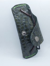 Resim sorte store Hakiki Deri Baskılı Haki Yeşil El Yapımı Handmade Gözlük Kılıfı 