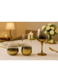 Resim Elta Collection 18 Parça Titanyum Gold Degrade Cam Bardak Seti Su, Meşrubat Ve Şarap Kadehi Lüks Sofra Takımı Altın 