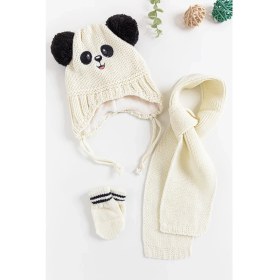 Resim Babymod Panda Figürlü 0-18 Ay Erkek Bebek Atkı Bere Eldiven Takımı 