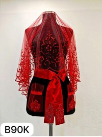 Resim GÜRLEK TEKSTİL Kırmızı Gelin Duvak Seti, Cam Boncuk Kına Gecesi Duvağı Seti 4 Parça 90 K Model 