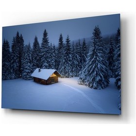 Resim Karların İçindeki Kulübe Dekoratif Cam Tablo, Duvar Dekoru M0014 