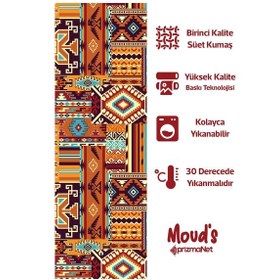 Resim Etnik Kilim Desenli Baskılı Süet Runner Masa Örtüsü 