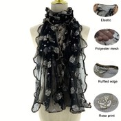 Resim TUMANFEI Kadın Bohem Eşarp - Altın Rengi Güllerle Zarif Çiçek Desenli, Günlük ve Resmi Etkinlikler İçin Esnek Hafif Eşarp, Siyah/Beyaz/Gri Renklerde Yumuşak Nefes Alabilir Boyunluk - Partiler, Ofis, Seyahat İçin Mükemmel - Kolay Bakım, Parti Aksesuarı 