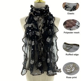 Resim TUMANFEI Kadın Bohem Eşarp - Altın Rengi Güllerle Zarif Çiçek Desenli, Günlük ve Resmi Etkinlikler İçin Esnek Hafif Eşarp, Siyah/Beyaz/Gri Renklerde Yumuşak Nefes Alabilir Boyunluk - Partiler, Ofis, Seyahat İçin Mükemmel - Kolay Bakım, Parti Aksesuarı 