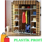 Resim Beyazpazar Bez Dolap Plastik Profil Fermuarlı Yeni 12 Raf Ekose Ekose Desen 