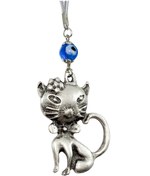 Resim biuti El Yapımı Lacivert Cam Nazar Boncuğu Metal Kedi Dikiz Ayna Süsü / Hediyelik Aksesuar 