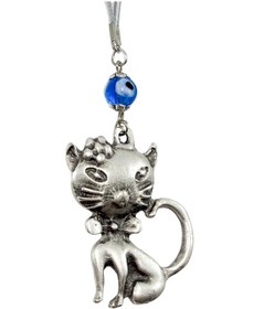 Resim biuti El Yapımı Lacivert Cam Nazar Boncuğu Metal Kedi Dikiz Ayna Süsü / Hediyelik Aksesuar 