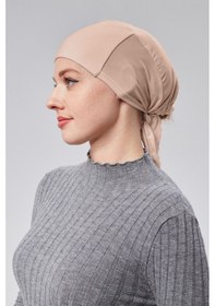 Resim Sonbaharmoda Kadın Tesettür Likralı Penye Dikişsiz Kaymaz Düz Bağlamalı Bone Bej 