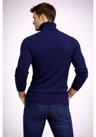Resim Efnaz Style Erkek Balıkcı Yaka Bağazlı Triko Kazak Pamuklu Kalın Fitilli Dokuma, Regular Fit Uzun Kollu Kışlık Model - Lacivert 