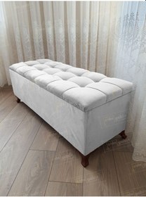 Resim Lüks Çizgi Kapitoneli Sandıklı Puf Bench 120 Cm Cevizayak Beyaz 