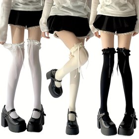 Resim 1 Çift Genç Kızlar için Uzun Diz Üstü Çoraplar Tatlı Fiyonk Detayları ile - İlkbahar/Yaz için Hafif Orta-Baldır Şeffaf Polyester Çoraplar, Beyaz & Siyah, Sadece Elde Yıkama, Kızlar için Çoraplar, Genç Moda Aksesuarı, Diz Boyu Çoraplar, Zarif Kumaş Yapısı, İlkbahar Aksesuarları, Nefes Alabilen Kumaş, Genç Kadınlar 