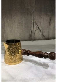 Resim Ahşap Kulplu Pirinç Cezve (Altın Rengi) 