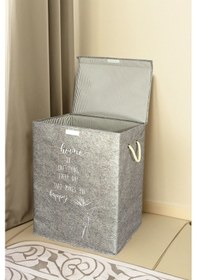 Resim 2'li Set Keçe Kapaklı Kirli Çamaşır Sepeti - Çok Amaçlı Saklama Kutusu Mega Hurç Gri 