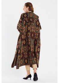 Resim Uludağ Triko Kadın Kilim Desen Kapşonlu Panço Gümüş-Std Gümüş 