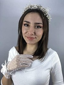 Resim Beyaz Puantiyeli Eldiven Ve Krem İncili Taç Nikah Takımı 