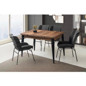 Resim Ahşap Salon Yemek Masa Sandalye Takımı 4 Yonca Sandalyeli Yandan Açılır Büyüyen Ceviz 110x70cm Ceviz-gri 