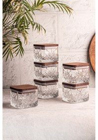 Resim Snippy Milla Kare 6'lı Ahşap Vakumlu Kare Kapaklı Cam Kahvaltılık Ahşap - Şeffaf 