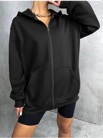 Resim Adrift Unisex Renkli Oversize Kapüşonlu Fermuarlı Hırka Siyah 