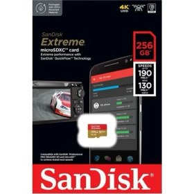 Resim Sandisk Extreme 256GB 190/130MB/S Microsdxc A2 V30 Aksiyon Kamera Drone Hafıza Kartı SDSQXAV-256G-GN6MN 