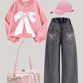 Resim Kızlar İçin Paskalya Hediyesi: İki Parçalı Denim Takım, Pembe Kurdele Desenli Sweatshirt + Siyah Düz Paça Kot Pantolon Kıyafet, Şık Kız Spor Kapüşonlu Üst + Nakışlı Kurdeleli Kot Takımı, Her Mevsime Uygun Sokak Stili Günlük Giyim, Mükemmel Uyum ve Konfor, Okula Dönüş Sezonu İçin Temel, Çeşitli Etkinliklere Uygun, Açık Hava için İdeal 