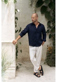 Resim Mai Collection Mai Studios Co. Bice Lacivert Keten Oversize Erkek Gömlek Lacivert 