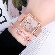Resim Hanyang Gül Altın Set Lüks Bilezik Izle Kadınlar Bayanlar Için Gül Altın Kare Kuvars Izle Minimalist Analog Kuvars Kadın Elbise Izle Relogio Mujer (Yurt Dışından) 