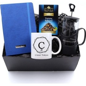 Resim Kişiye Özel Mavi Defter & Harf Kupa & Siyah French Press & Portak 