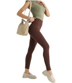 Resim Thiff Gymwear Haki Yüksek Bel Fitilli Toparlayıcı İnterlok Örme Şardonlu Spor Kışlık Tayt Kahverengi 