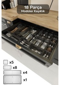 Resim 18'li Modüler Set Kaşıklık Çekmece Içi Düzenleyici Çatal Kaşık Bıçak Düzenleme Organizeri Antrasit 
