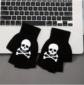 Resim SOFT Unisex Siyah Parmaksız Eldiven - Kafatası Desenli, Punk Tarzı Aksesuar Çocuk Eldiveni 