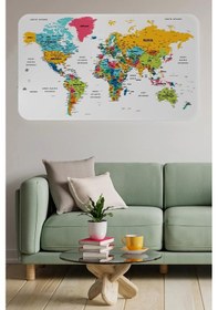 Resim Türkçe Eğitici Ülke Ve Başkent Detaylı Atlası Dünya Haritası Duvar Sticker -60x105-3851 Renkli 