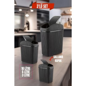 Resim 3'lü Siyah Çok Amaçlı Çöp Kovası Seti, Mutfak, Banyo, Ofis Için Ferah ve Şık Tasarım 