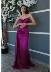 Resim Feminist Violet Straplez Drape Detaylı Yırtmaçlı Saten Kumaş Abiye Elbise 1607209.273 Violet 