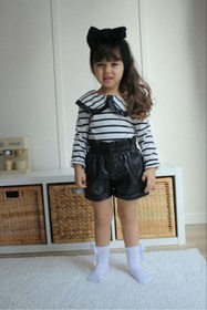 Resim Asortik Kids Kız Çocuk Deri Şort + Çizgili Bluz 2'li Set Şık Trend Set-K015-JLB-080 