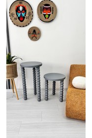 Resim ASELYA HOME Doğal Ahşap 2’li Set Boncuk Ayaklı Yan Sehpa Modern Antrasit Renk Fiskos Zigon Çiçeklik 