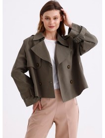 Resim Pastelastore %100 Pamuk Gabardin Astarlı Oversize Geniş Kalıp Kadın Crop Kısa Trençkot 1122 Haki 