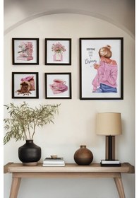 Resim Huhuli Ahşap Siyah Çerçeveli 5 Parça Set Tablo Huhu461 