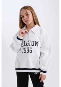 Resim DeFacto Kız Çocuk Oversize Geniş Kalıp Polo Yaka Baskılı İçi Yumuşak Tüylü Sweatshirt D3497A824WNWT34 Beyaz 