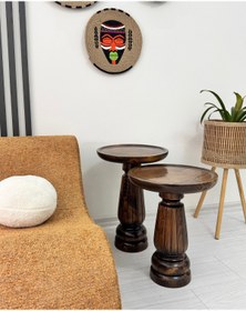 Resim ASELYA HOME Ahşap 2’li Set Mantar Yan Sehpa Modern Ceviz Renk Fiskos Zigon Çiçeklik 