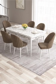 Resim Canisa Ves Serisi 80x132 Mdf Açılabilir Beyaz Mermer Yemek Masası 6 Lacivert Sandalye 