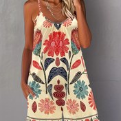 Resim Kadınların Şık Çiçek Desenli Kolsuz Jumpsuit'ü - Yaz Tatili Stili, Polyester, Yuvarlak Boyun, Günlük Göğüs Katlantıları, Yetişkin Bedenler, Günlük Giyim|Çiçek Desenli Jumpsuit|Polyester Kumaş 