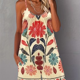 Resim Kadınların Şık Çiçek Desenli Kolsuz Jumpsuit'ü - Yaz Tatili Stili, Polyester, Yuvarlak Boyun, Günlük Göğüs Katlantıları, Yetişkin Bedenler, Günlük Giyim|Çiçek Desenli Jumpsuit|Polyester Kumaş 
