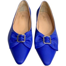 Resim Tufan Shoes Mavi Hakiki Deri Fiyonk Tokalı Babet Ayakkabı Mavi 
