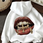 Resim Kadın Hip-Hop Grafik Kapüşonlu Sweatshirt - Beyaz Pullover Sweatshirt Kırmızı Dudaklar ve Altın Diş Baskısı, Sonbahar/Kış İçin Bağcıklı Kapüşonlu Sweatshirt, Rahat Sokak Giyimleri, Hip Hop Kıyafetleri, Sonbahar Modası, Cesur Bir İfada Parçası, Rahat Bir Uygunluk, Moda Tutkunları 