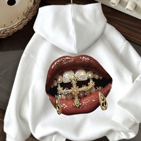 Resim Kadın Hip-Hop Grafik Kapüşonlu Sweatshirt - Beyaz Pullover Sweatshirt Kırmızı Dudaklar ve Altın Diş Baskısı, Sonbahar/Kış İçin Bağcıklı Kapüşonlu Sweatshirt, Rahat Sokak Giyimleri, Hip Hop Kıyafetleri, Sonbahar Modası, Cesur Bir İfada Parçası, Rahat Bir Uygunluk, Moda Tutkunları 
