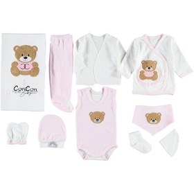 Resim Ayıcık Nakışlı 10'lu Zıbın Seti Hastane Çıkışı %100 Pamuklu Pembe 