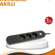 Resim Enseb 2 Metre Kablolu 3 USB Portlu Anahtarlı Üçlü Priz 
