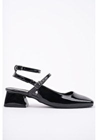 Resim Muggo Chopra Kare Burun Çift Kemerli Bilekten Bağlamalı Arkası Açık Kısa Topuklu Ayakkabı Sıyahrugan 